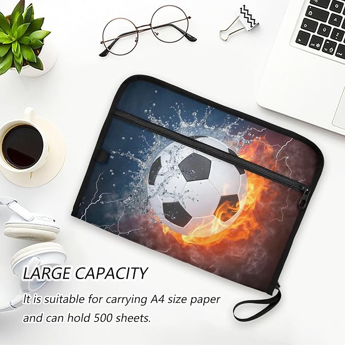 Expanding File Folder Soccer Water Fire Football Accordion File Organizer 13 Pockets Document Organizer with Zipper Labels A4 Letter Office Storage