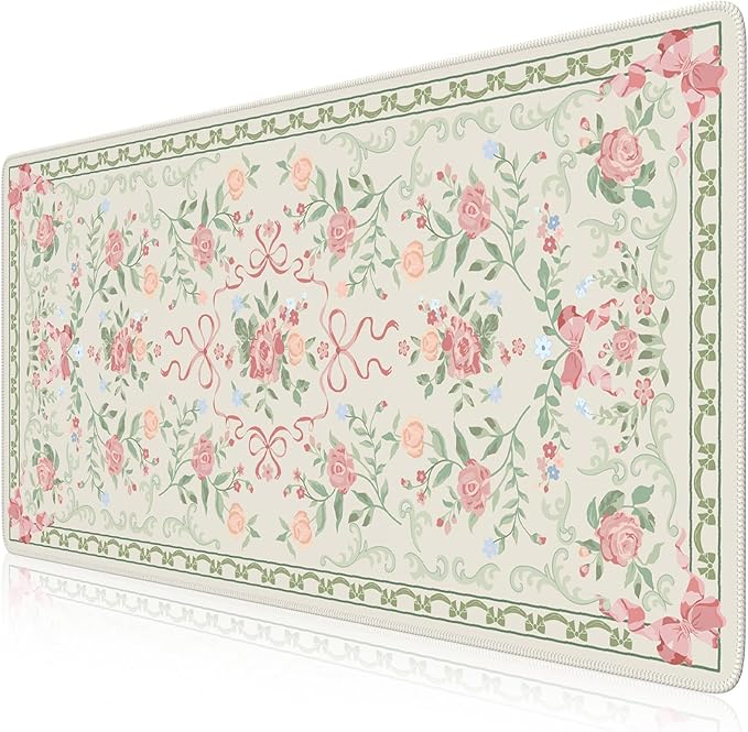 HAOCOO Cute Floral Desk Mat, Large Waterproof Mouse Pad, Girly Desk Matt for Desktop, 35.4" x 15.7" Non-Slip Keyboard Pad, Computer Mat with Stitched Edge, Office Decor Home Desk Accessories (Green)