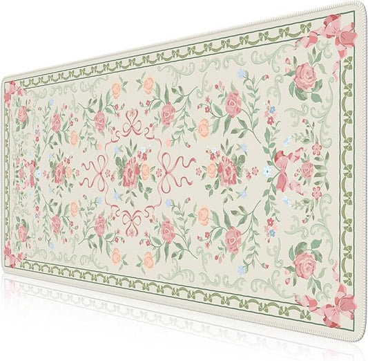 HAOCOO Cute Floral Desk Mat, Large Waterproof Mouse Pad, Girly Desk Matt for Desktop, 35.4" x 15.7" Non-Slip Keyboard Pad, Computer Mat with Stitched Edge, Office Decor Home Desk Accessories (Green)