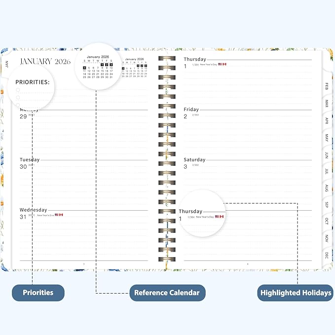 2026 Planner, Weekly and Monthly Calendar Planner, Academic Daily Agenda (Jan 2026 - Dec 2026), Hardcover Planning Notebook for Office Accessories and School Supplies, Scattered Flowers