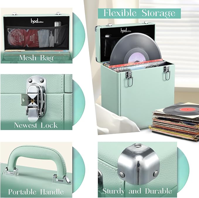 Hododou Vinyl Record Storage Box with Lock Record Organizer Storage for 30+ Single Records 12-inch Water Resistant Collapsible Storage Crate with Lid Handle Mesh Pouch for Valuable Album Collection
