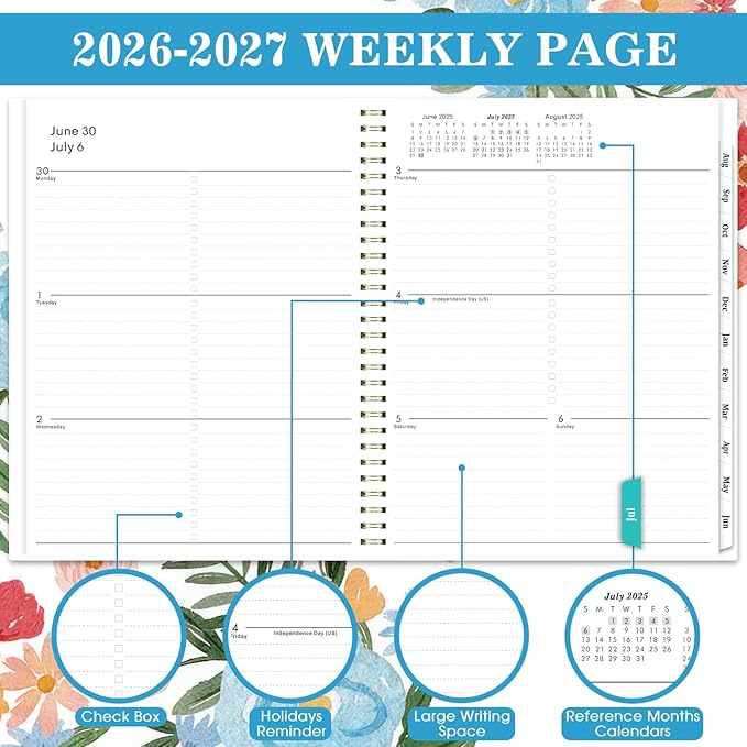 Planner 2026-2027 - 2026-2027 Planner Weekly and Monthly, July 2026 - June 2027, 9" x 11", Academic Planner 2026-2027, Calendar Planner, Printed Tabs, Holidays, Twin-wire Binding