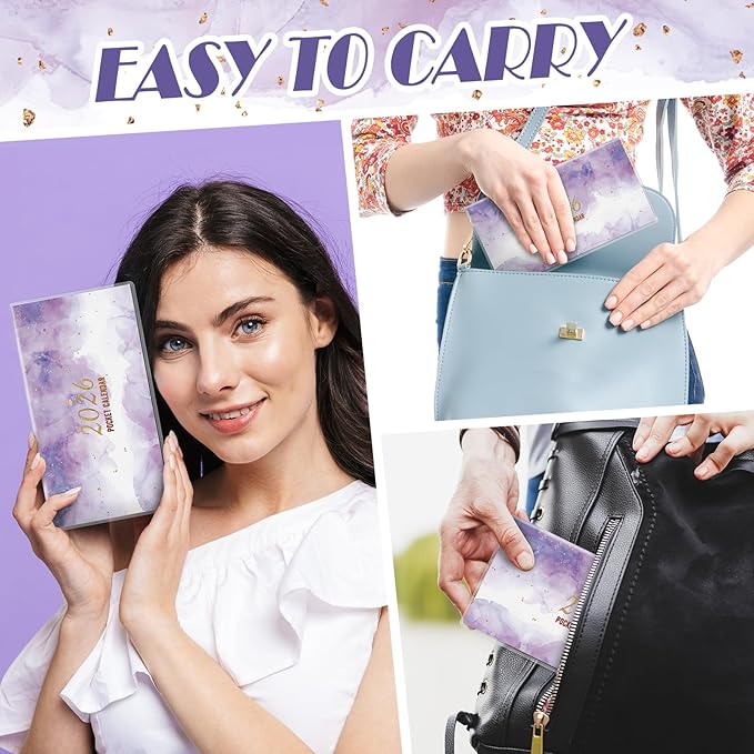 Gueevin 2026 Pocket Calendar for Purse with Pen Small Pocket Planner Handy Weekly Monthly Planner Journal Writing Notebook Valentine New Year Gift Sister Friend Women(Watercolor,Purple)