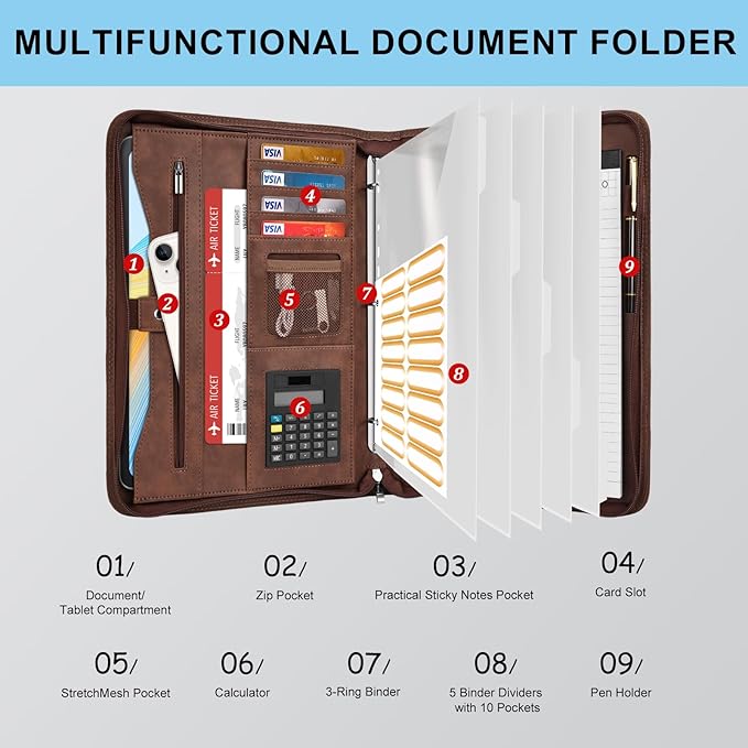 Eshow Portfolio Organizer - 3 Ring Binder with Zipper, Vegan Leather Business Padfolio Folder with Notepad Includes 5 Clear Sheet Protectors for Documents Files for Men Women