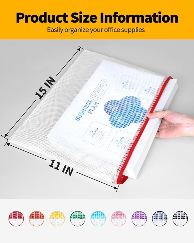 SUNEE Plastic Mesh Zipper Pouch 11x15 in (9 Colors, 18 Packs),Extra Large Water-Resistant Zip Bag for School Office Supplies, Puzzles & Games Organizing Storage