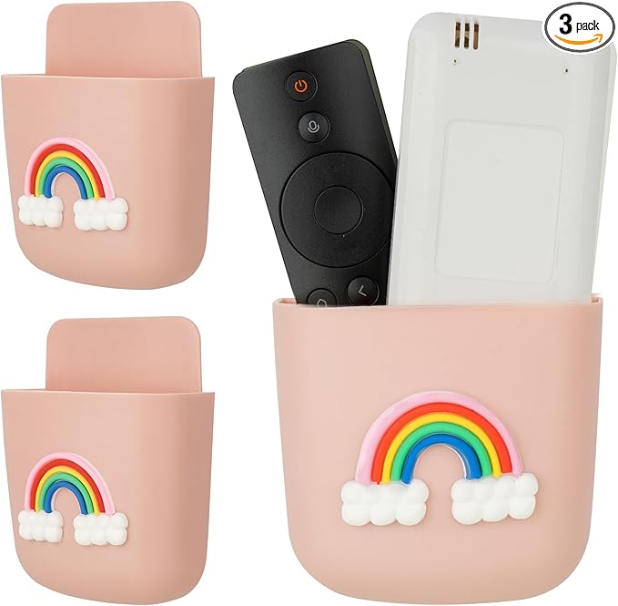 Universal Remote Control Holder Adhesive Wall Mount Pink Storage Organizer Box Phone Charging Holder Pencil Storage Containers for Home Office School Supply Orgaizers Gift 3 Pack (Rainbow)