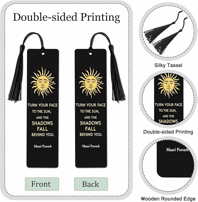 Golden Sun Bookmarks 5 Pcs with Tassels Black Shadow Wooden Bookmarks for Reading Women Students Teacher Reader