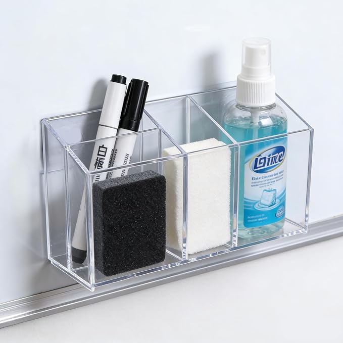 3-Piece Acrylic Pen Holder with Magnetic Sheets, Magnetic Dry Erase Marker Holder, Clear Marker Organizer Locker Organizer, Pen Organizer for Office Supplies, Makeup Brushes - No Assembly