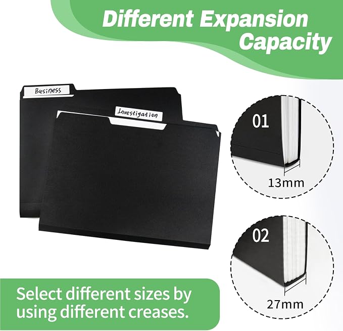 Black Folders 8.5 x 11 Inch, 1/3 Cut Tab File Folders Letter Size with Labels, Assorted Colors School Business Office Folders for Document