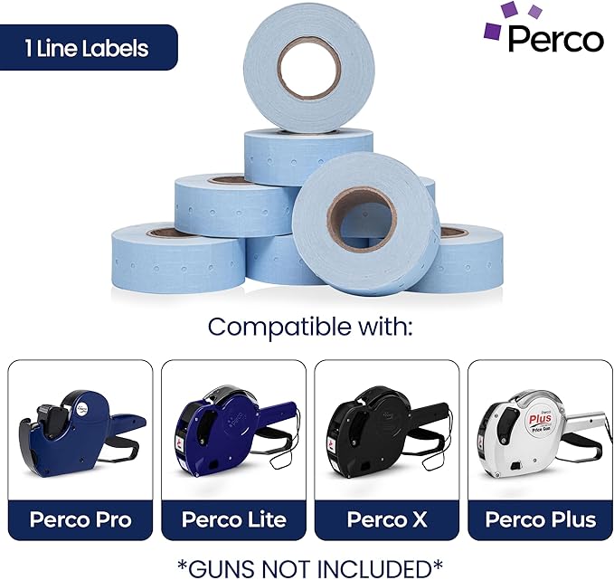 Perco 1 Line Blue Labels - 80 Rolls, 10 Sleeves, 80,000 Blank Price and Date Gun Labels for Perco Lite, X, Plus and Pro 1 Line Price and Date Guns - Made in USA