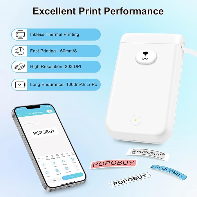 Bear Label Maker Machine with Tape, D30S Cute Portable Bluetooth Mini Label Printer, Smart Phone Handheld Thermal Sticker Small Labeler Inkless for Home Office