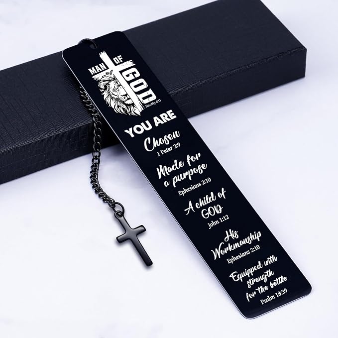 Bible Verse Metal Bookmark for Men, Man of God Christian Bookmark for Men, Religious Fathers Day Gift Scripture Book Mark with Cross Pendant for Husband Dad Reading Gifts