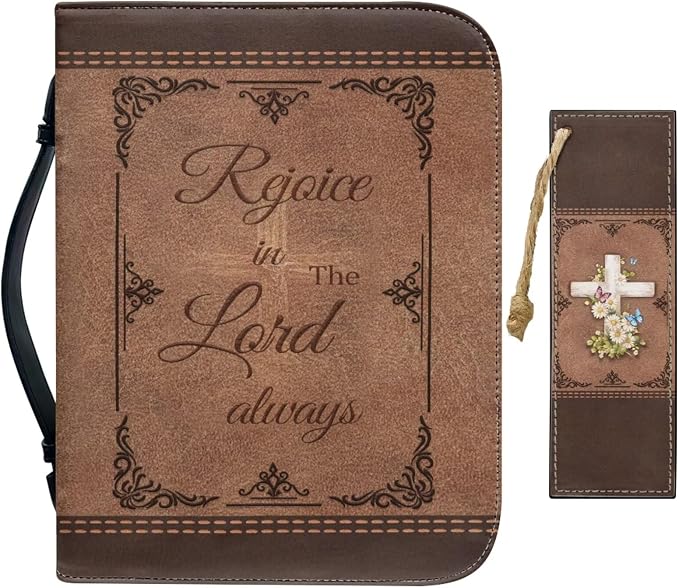 Retro Style Daisy and Cross Bible Case with Bookmark Waterproof Bible Cover Case for Women Lightweight Bible Bag with Handle Pockets Church Book Bag Brown