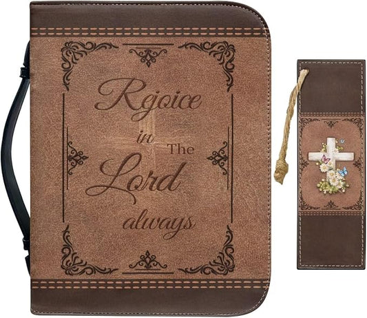 Retro Style Daisy and Cross Bible Case with Bookmark Waterproof Bible Cover Case for Women Lightweight Bible Bag with Handle Pockets Church Book Bag Brown