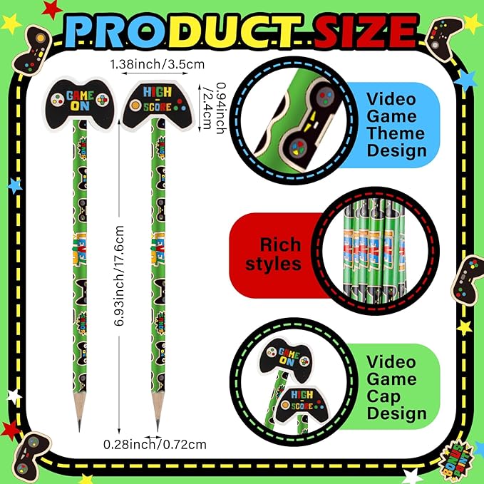 32 Pcs Video Game Pencil with Eraser Party Favors Gifts Gamer Controllers Pen Goodie Bag Fillers Theme Stationery Set for School Classrooms Exchange Reward Prizes Home Office School Supplies