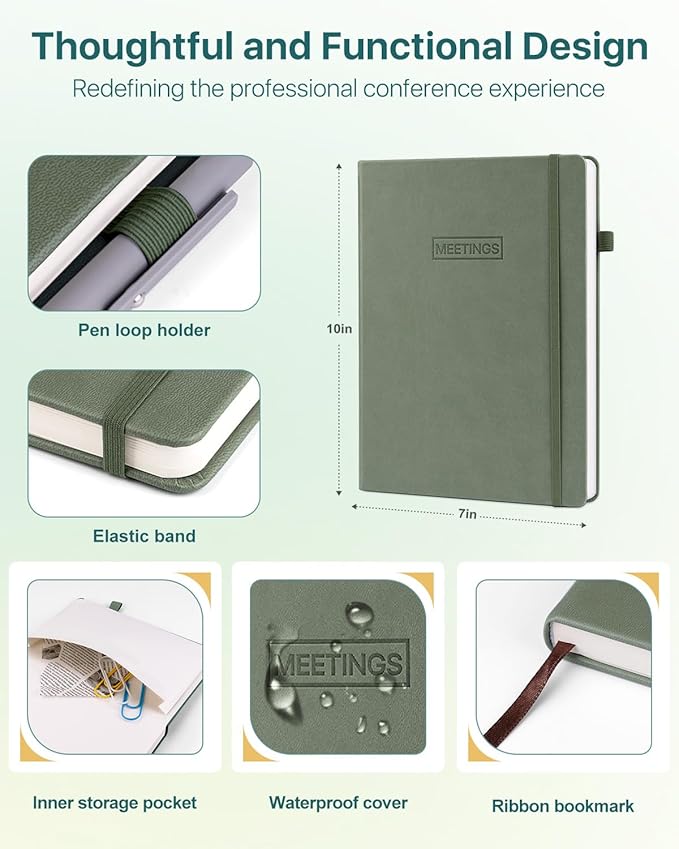 WEMATE Meeting Notebook for Work, Work Planner Notebook With Action Items, Easily Take Meeting Notes & Keep Agendas on Track, Calender, Index Page, Inner Pocket, 7×10 Inch, Olive Green