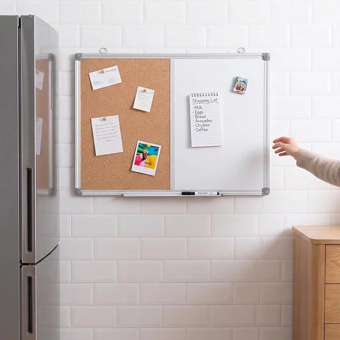 Cork Board and Whiteboard Combination, 24" x 18" Bulletin & Magnetic Dry Erase Board for Wall, Vision Board for Home, Office, School, Silver Aluminum Frame