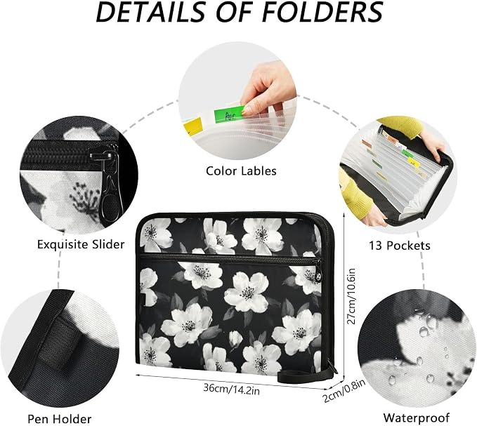 Black White Flowers Accordion File Organizer Expanding Document Folder with 13 Pockets Portable File Folder for A4 Letter Size
