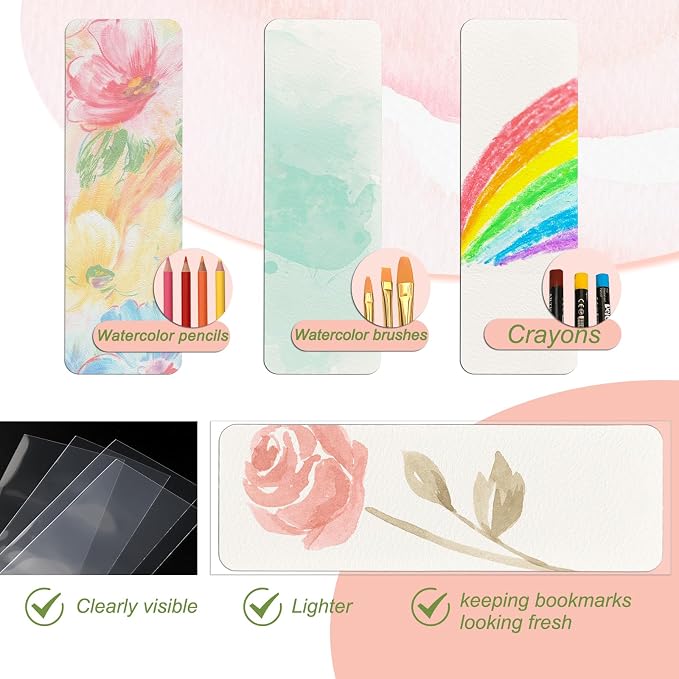 50 Pcs Watercolor Bookmarks & 50 Pcs Bookmark Laminating Pouches 1.9 x 5.9 inch Blank Bookmarks to Decorate,Watercolor Cards for Paint, Photos, Gift