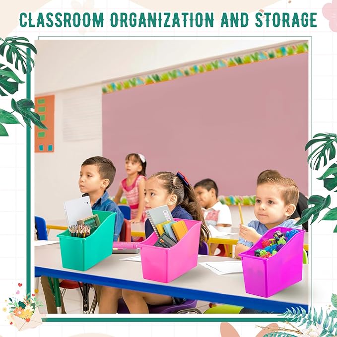 Geetery 12 Pcs Book Bin for Classroom with Labels Stackable Plastic Organizing Bins 11.5 x 5.4 x 7.5 in Book Holders Storage Bins Box Baskets for Classroom Library Home (Bright Color)