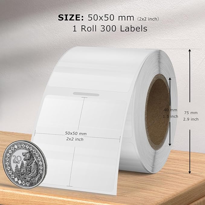 Clear Thermal Labels Rectangle Vinyl 2 x 2 Inch Transparent Direct Printer Stickers Label Square Self Adhesive Waterproof Decals Roll for Home Office Business QR Code Seal DIY Logo 300 PCS