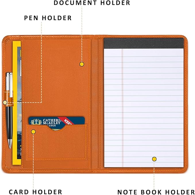 Padfolio Binder A5 Document Organizer with Refillable Lined Notepad, Junior Size Folder Portfolio for Men Women,Orange