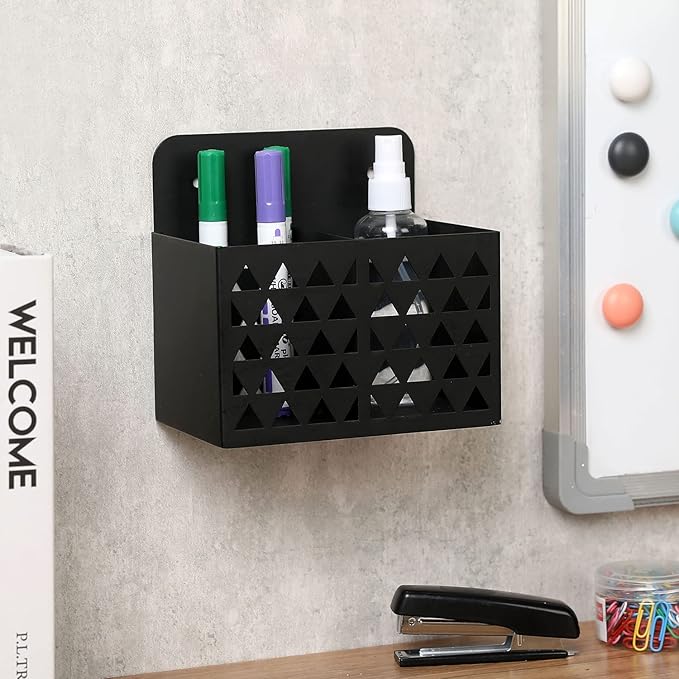 MyGift Dry Erase Marker Holder Wall Mounted with Triangle Cutout Design Modern Black Metal 2 Compartment Office Supplies Storage Bin Organizer, Desktop Pen Pencil Holder