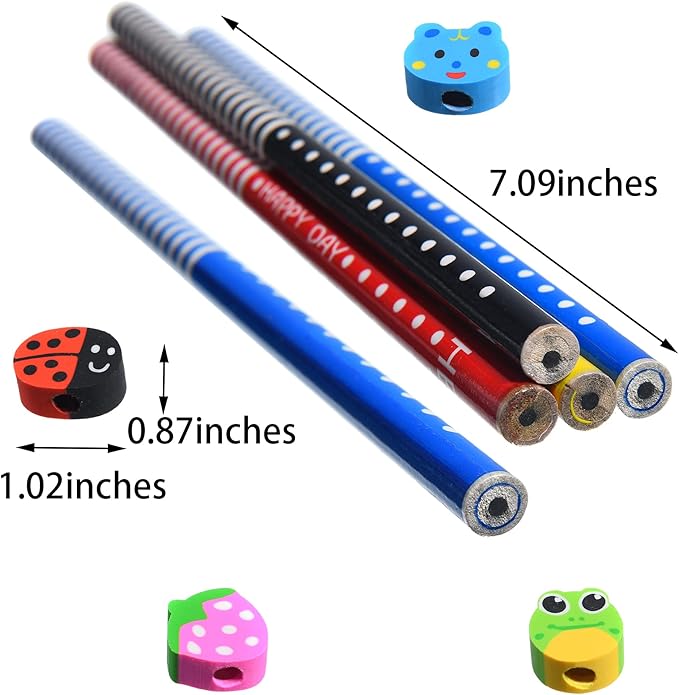16PCS Pencils with Fruit Animal Top Eraser for Kids,Pencils with Assorted Cartoon Color Stripe Erasers Topper for Kids School Supplies and Children Prize Gifts (16)