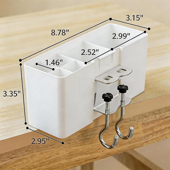 Desk Side Storage, Side Desk Organizer, No Drill Hanging Desk Organizer with 4 Large Pockets, Table Hanging Storage for Office & Home, Fits Flat Table Edge 1.26" (White)