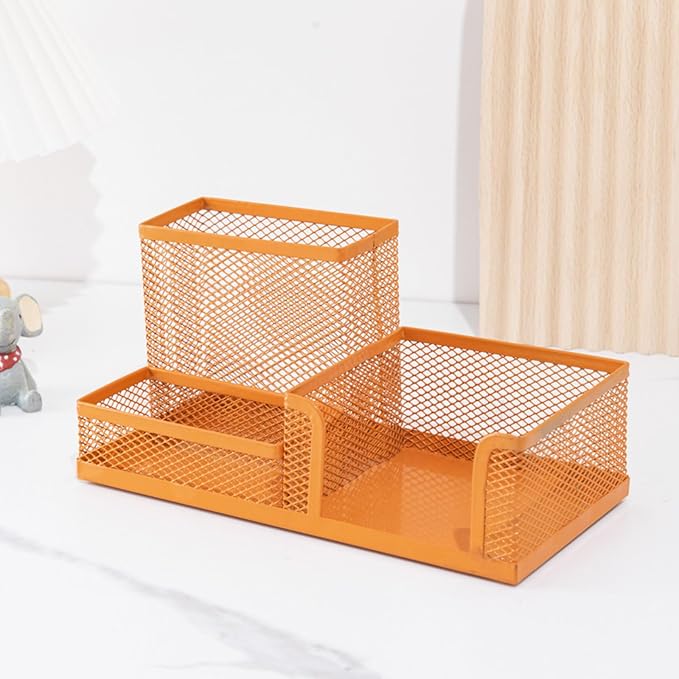 GZBABY Pen Holder Mesh Pencil Holder, Metal Desk Organizer with 3 Compartments, Desk Accessories and Workspace Organizer for School Home Office (Orange)