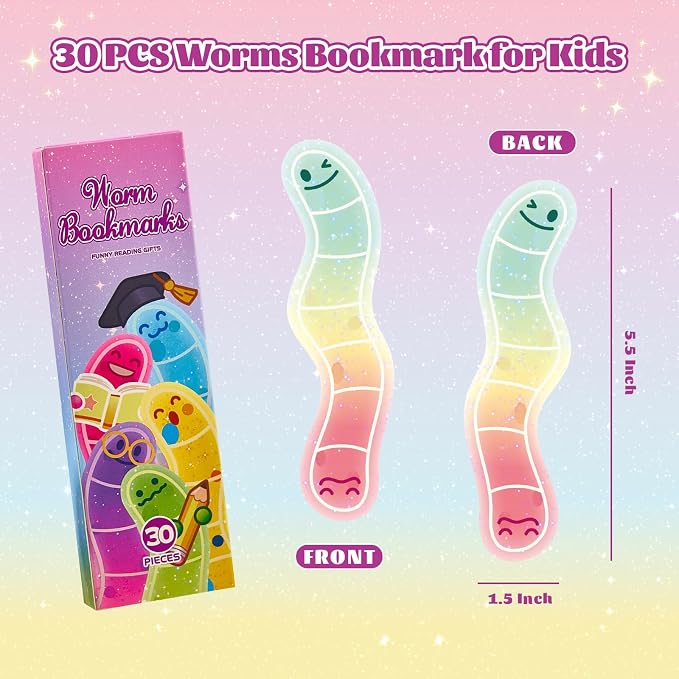 30Pcs Bookworm Bookmarks, Gliter Paper Cute Bookmark, Double Printing, Bookish Gifts for Book Lovers, Students, Readers - Cool Stationery for School & Library