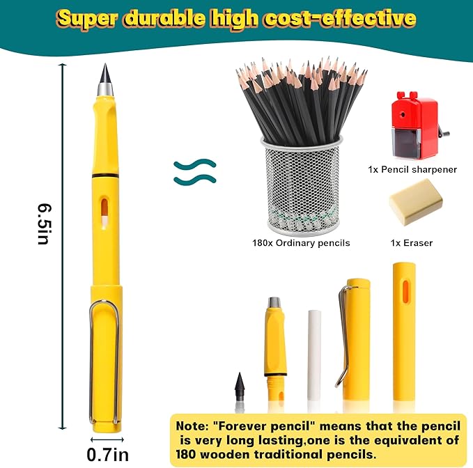 12Pack Forever Pencils for Kids Writing, Infinity Pencil Cute Inkless Everlasting Pencil with Eraser for Sketching (Colored)
