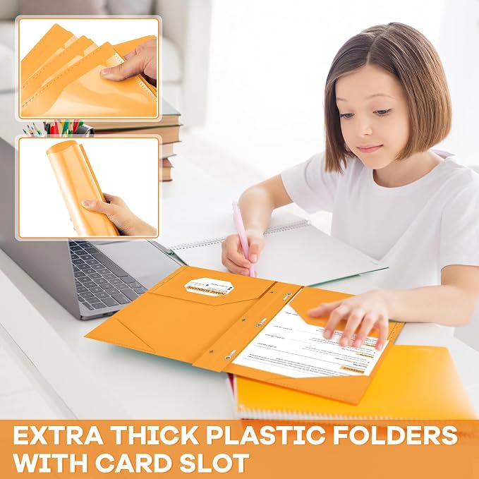 Henoyso 18 Pcs Plastic Folder with Clear Front Pocket and 3 Prong Plastic Folders with Card Slot Pocket Folders with Prongs for School Office (Orange)