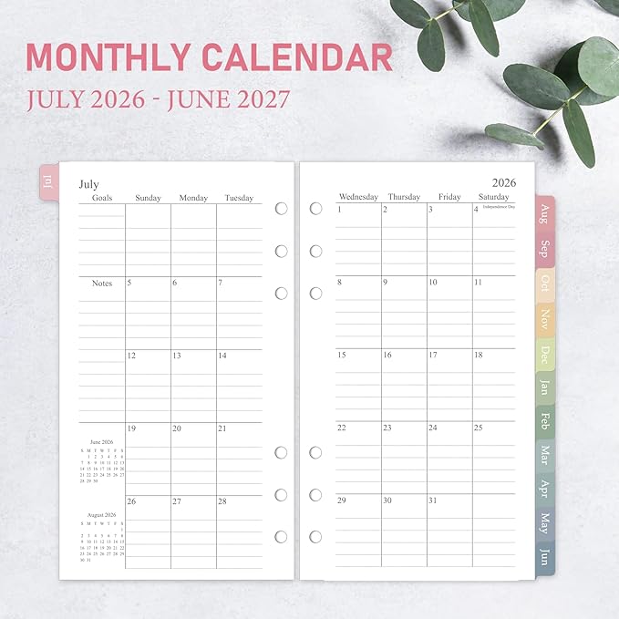 2026-2027 Weekly & Monthly Planner Refill, 3.8"x6.8", A6 Small Size Planner Inserts with Colorful Monthly Tabs, Size 3, July 2026 - June 2027, 6-Hole Punched