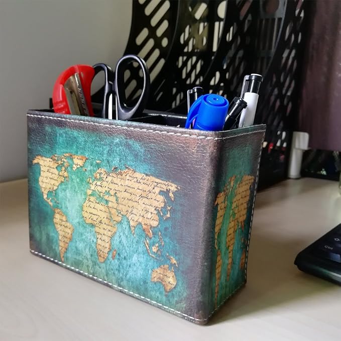 DreamsEden Vintage Pen Pencil Holder Cup Retro Pattern Desk Organizer for Home Office Bedroom (Blue World Map Square)
