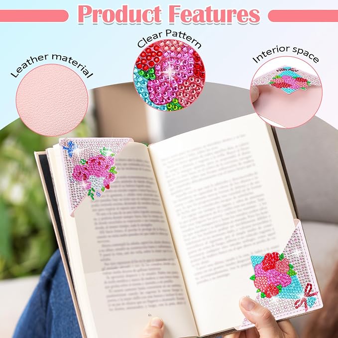 4 Pcs Diamond Painting Bookmark, Flower DIY Corner Book Makers for Adults Book Lovers, Diamond Art Beginners, Small Diamond Art Kits, Art Crafts Supplies Gift for Girls (Flower Valentine)