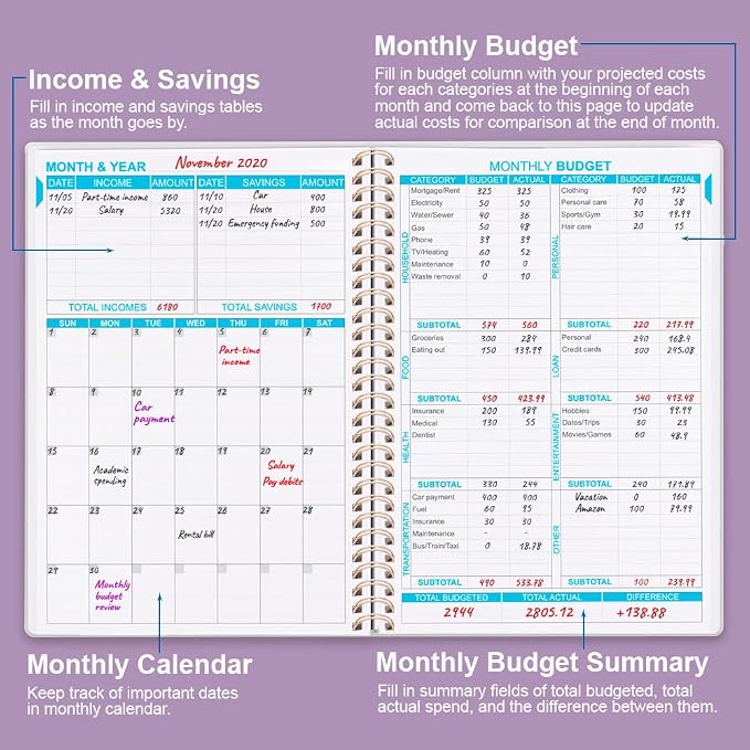 Budget Planner - Monthly Budget Book with Expense Tracker Notebook, Undated 12 Month Bill Organizer & Finance Planner to Manage Your Money, Account Book with Colorful Tabs, 8" x 9.5", Purple