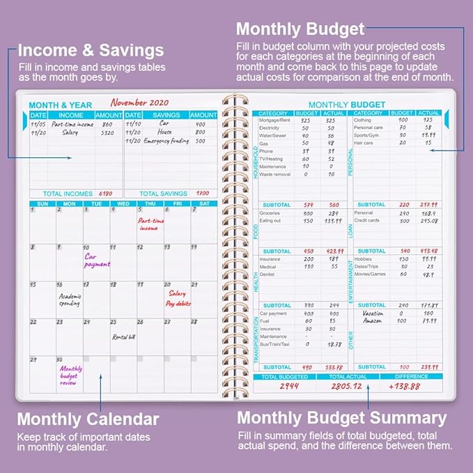 Budget Planner - Monthly Budget Book with Expense Tracker Notebook, Undated 12 Month Bill Organizer & Finance Planner to Manage Your Money, Account Book with Colorful Tabs, 8" x 9.5", Purple