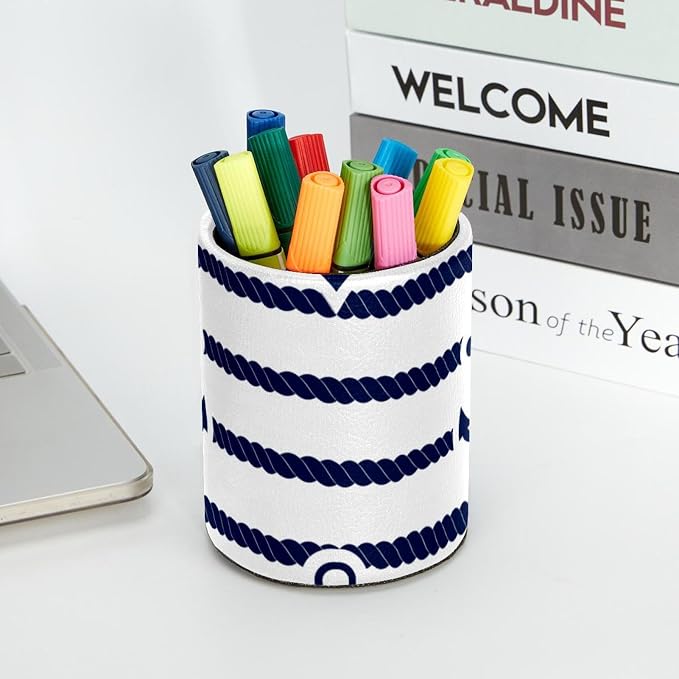 Round Pencil Holder for Desk, Blue Stripe Anchor Ocean Large Pencil Pen Cup, Desk Accessories & Workspace Desk Organizer for Home, School, Office