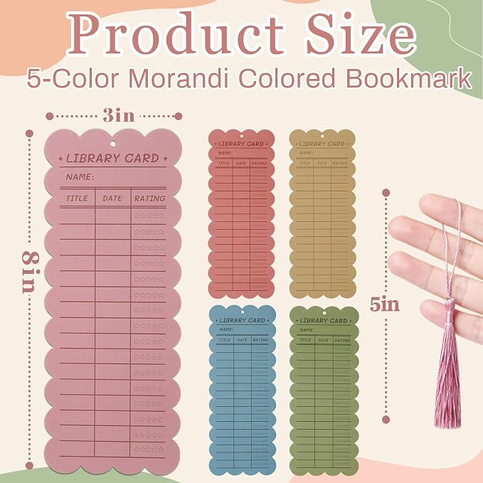50 PCS Reading List Bookmarks Book Tracker with 50 Bookmark Tassels, 3 x 8 Inch Morandi Library Card Reading Log Bookmark for Teachers Women Book Lovers