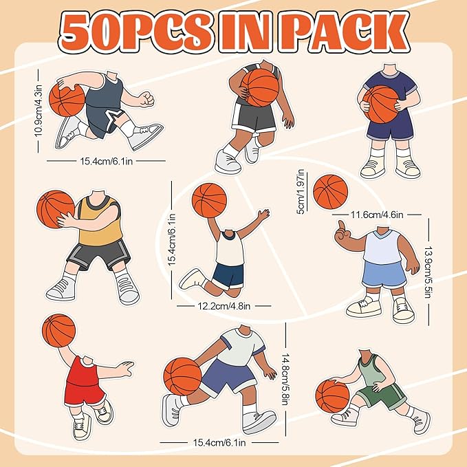 Whaline 50 Pcs Basketball DIY Cutouts Sports Ball Cut-Outs Basketball Player Paper Cutting with 100 Pcs Glue Points for Crafts Birthday Party Classroom Bulletin Board Photo