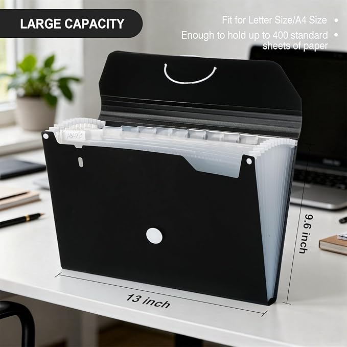 Comix Accordion File Organizer, 13 Pocket Expanding File Floder with Labels for A4/Letter Size Documents, Accordion File Folder for Office, Home, School（Black）