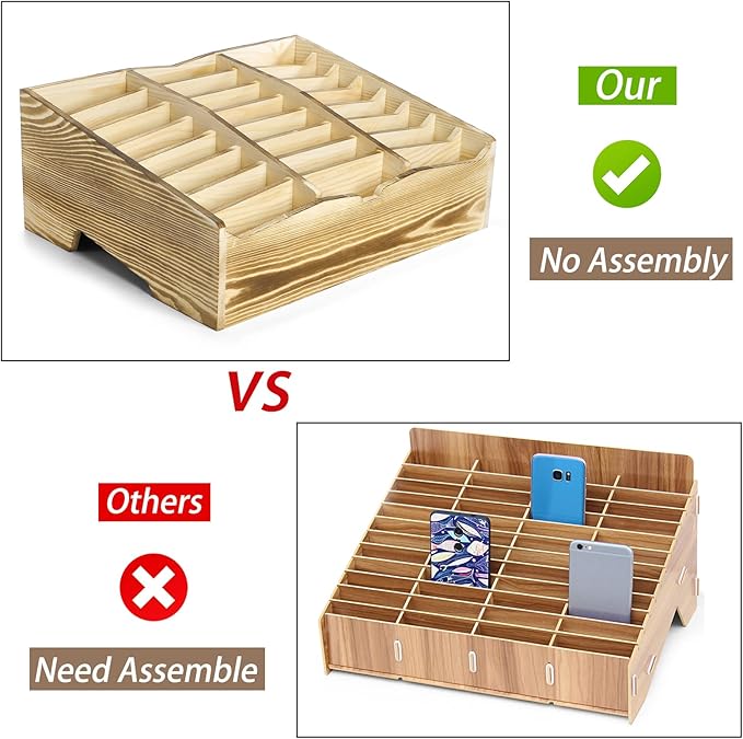 Lawei 24 Grid Wooden Cell Phones Storage Box, Desktop Mobile Phone Holder Caddy, Multi Classroom Cell Phones Organizer for School, Office, Meeting Room, Cell Phone Rack Display, No Assembly