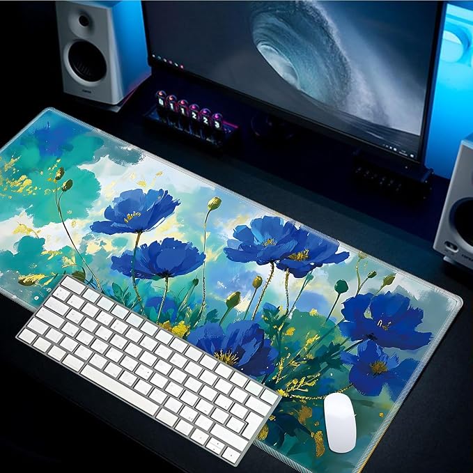 Mouse Pad Gaming Mousepad 31.5x11.8 Inch XXL Large + Coasters,Desk Mat with Stitched Edges, Non-Slip Rubber Base, Thick Mouse Pad for Computer, Laptop, Office & Home - Blue Flower