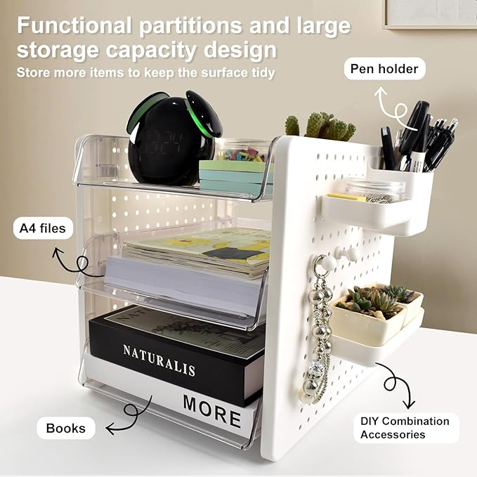 3 Tier Acrylic Desk Organizer,Clear Stackable Desktop Paper Container Letter Tray Shelf with Pen Holder, Pegboard Shelf Office Storage for File Paper, Letter, A4 Office File, Books, Notes