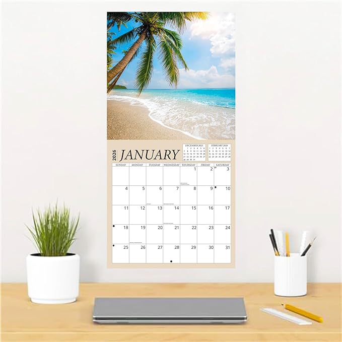 Tropical Beaches Calendar 2026 - Sandy Beaches 2026 Wall Calendar, Includes 100+ Reminder Stickers | 12" x 24" Open | Giftable | Made in The USA