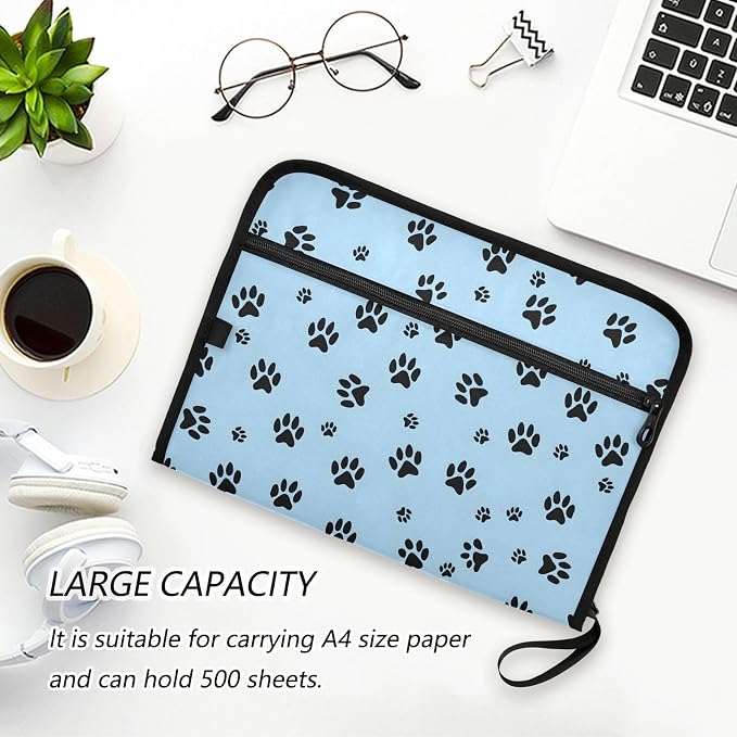 ALAZA Black Dog Paw Blue 13 Pocket Expanding File Folder with Labels, Accordion File Folder File Organizer Letter A4 Paper for Office School Student