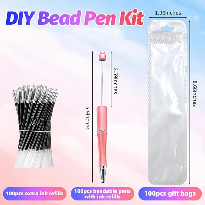 300 Pieces DIY Beadable Pen Kit – 100 Plastic Ballpoint Pens with Refills & Bags – School Supplies, Office Accessories & Decorative Items for Students & Teachers (Pink)