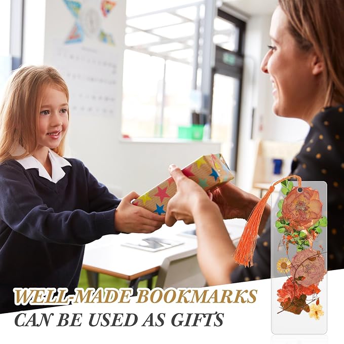 Fuyoooo 376 Pcs Dried Flower Bookmark Making Kit, DIY Bookmark Laminating Pouches with Tassels and Puncher, Handmade Craft Kit for Women, DIY Gifts for Book Lovers (Orange Yellow,2 x 6 Inch)