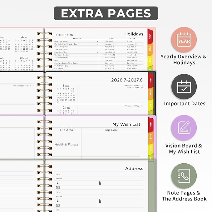 EMSHOI Academic Planner 2026-2027, Large A4 8.5x11, Weekly and Monthly Calendar (July 2026-June 2027), School Student Teacher Agenda Book, 100GSM Thick Paper, PVC Cover, Colorful Tabs, Light Green